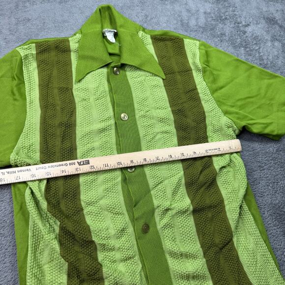 Vintage 60s Carleton California Knit Shirt Lime Green Mod Stripe Dagger Collar M - Picture 5 of 7